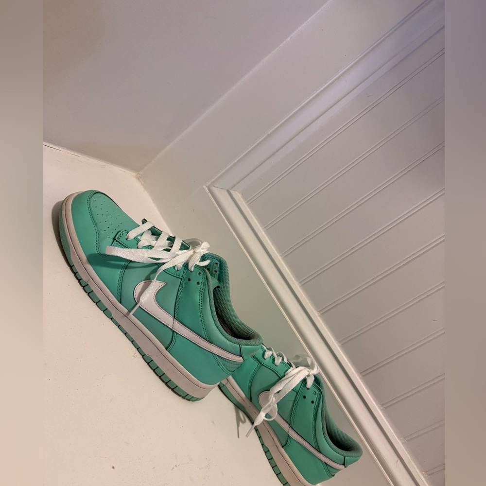 Women’s 6.5 Nike Dunk Low Mint Green and White Sneakers